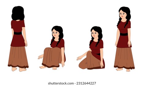 Indian Young woman cartoon character set , Indian Young Female Character for Cartoon , Indian poor girl character vector , Indian Girl character