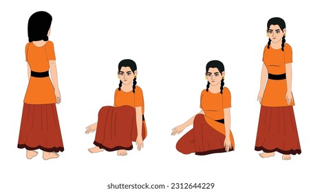 Indian Young woman cartoon character set , Indian Young Female Character for Cartoon , Indian poor girl character vector , Indian Girl character