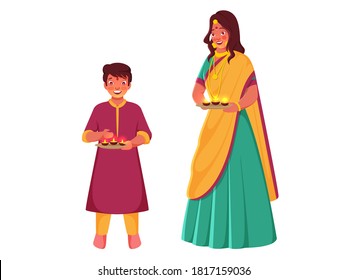 Indian Young Woman with Her Son Holding Plate of Lit Oil Lamps on White Background.
