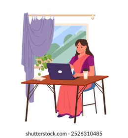 Indian young woman in red silk sari working with laptop at table. Businesswoman sitting at desk by window to work, portrait of lady manager in ethnic costume of India cartoon vector illustration