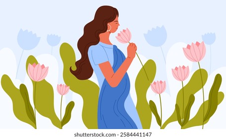 Indian young woman in traditional blue dress holding pink flower to smell floral scent. Pretty romantic portrait of happy girl with long hair standing in summer meadow cartoon vector illustration