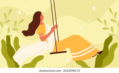 Indian young woman in traditional dress riding swing among green village landscape with plant leaves. Happy portrait of pretty girl with long hair smiling and swinging cartoon vector illustration