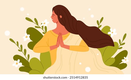 Indian young woman in traditional saree with flowers and green leaves. Cute portrait of happy girl with long hair, folded hands in namaste, beauty of lady and nature cartoon vector illustration