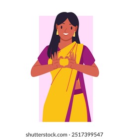 Indian young woman in yellow saree showing heart gesture with love and smile. Avatar portrait of cute happy girl in traditional clothes with fingers in shape of heart cartoon vector illustration