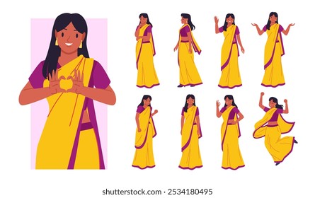 Mujer joven india en sari amarillo mostrando diferentes poses, amor y sonrisa. Retrato del avatar de la muchacha feliz linda en la ropa tradicional con los dedos en forma de Ilustración vectorial de dibujos animados del corazón