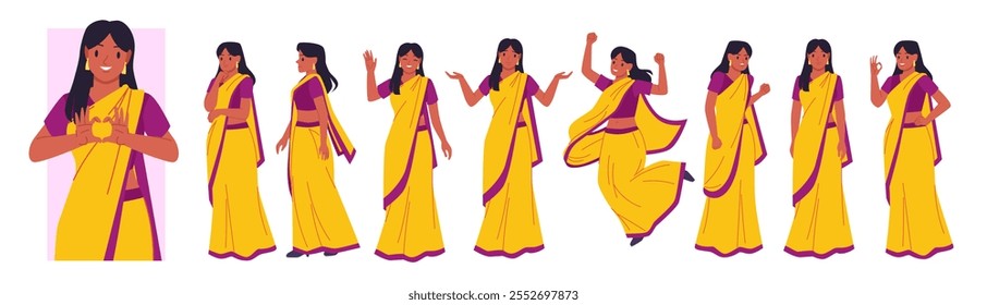 Mujer joven india en sari amarillo mostrando diferentes poses, amor y sonrisa. Retrato del avatar de la muchacha feliz linda en la ropa tradicional con los dedos en forma de Ilustración vectorial de dibujos animados del corazón.