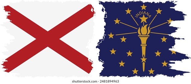 Indiana and Alabama states grunge brush flags connection, vector