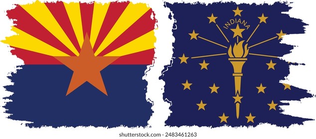 Indiana and Arizona states grunge brush flags connection, vector