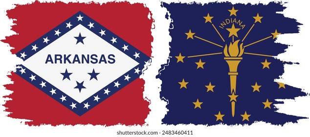 Indiana and Arkansas states grunge brush flags connection, vector