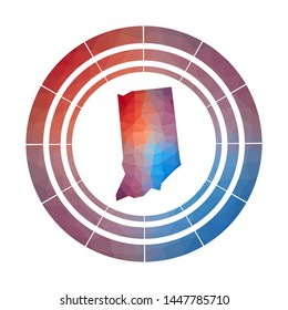 Indiana badge. Bright gradient logo of us state in low poly style. Multicolored Indiana rounded sign with map in geometric style for your infographics.