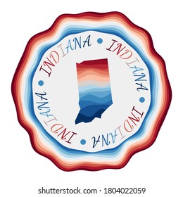 Indiana badge. Map of the us state with beautiful geometric waves and vibrant red blue frame. Vivid round Indiana logo. Vector illustration.