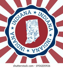 Indiana Badge. Round logo of US state with triangular mesh map and radial rays. EPS10 Vector.