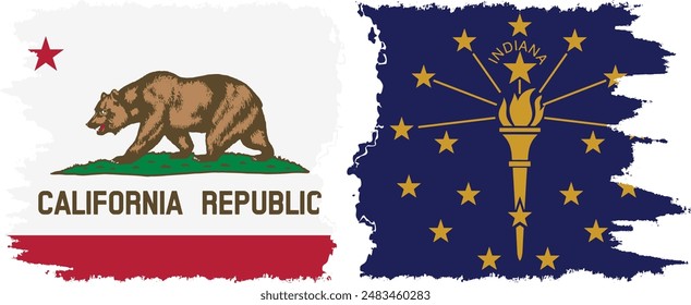 Indiana and California states grunge brush flags connection, vector