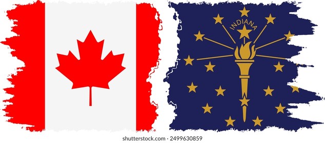 Indiana and Canada grunge brush flags connection, vector