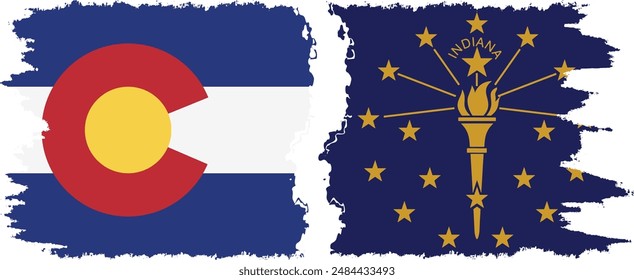 Indiana and Colorado states grunge brush flags connection, vector