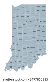 Indiana counties, gray political map. State in the Midwestern region of the United States, subdivided into 92 counties. Nicknamed The Hoosier State. Map with borders and county names. Illustration