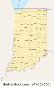 Indiana Counties, politische Landkarte. Staat in der Region Midwestern der Vereinigten Staaten, unterteilt in 92 Counties. Spitzname Hoosier State. Karte mit Grenzen und Ländernamen. Illustration