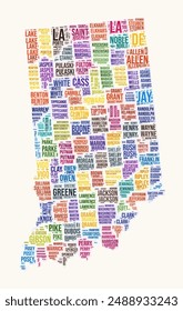 Indiana counties word cloud. State logo design. Counties typography style vector image. Indiana colored text cloud. Artistic vector illustration.