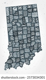 Indiana counties word clouds. State shape on textured background. Indiana design in typographic style. Artistic vector illustration.