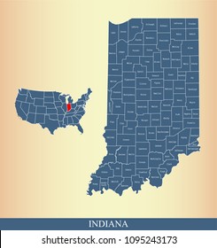 Indiana County Map With Names Labeled. Indiana State Of USA Map Vector Outline 