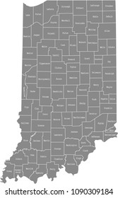 Indiana county map vector outline in gray background. Indiana state of USA map with counties names labeled