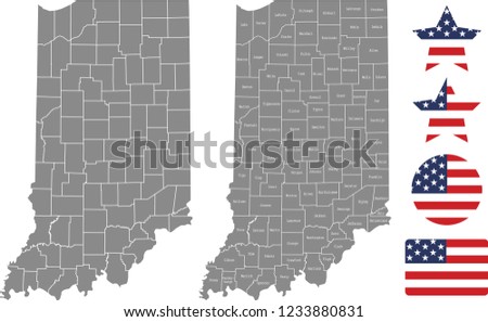 Indiana county map vector outline in gray background. Indiana state of USA map with counties names labeled and United States flag vector illustration designs