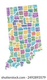 Indiana county word cloud. State shape design. Indiana colored illustration. County names collage cloud. Vector illustration.