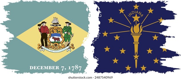 Indiana and Delaware states grunge brush flags connection, vector