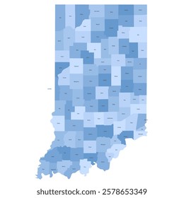 Indiana, IN - detailed political map of US state. Administrative map divided into counties. Blue map with county name labels. Vector illustration