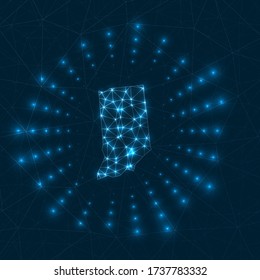 Indiana digital map. Glowing rays radiating from the us state. Network connections and telecommunication design. Vector illustration.