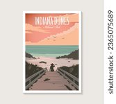 Indiana Dunes National Park poster illustration, beautiful lake beach scenery poster design