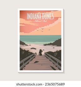 Afiche del Parque Nacional de las Dunas de Indiana, diseño de afiches sobre el paisaje de la playa del lago