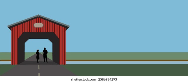 Indiana is featured in this rural themed poster. A red covered bridge, blue sky, a stream and flat grassland are the background for a young couple together inside the bridge. This is an illustration.