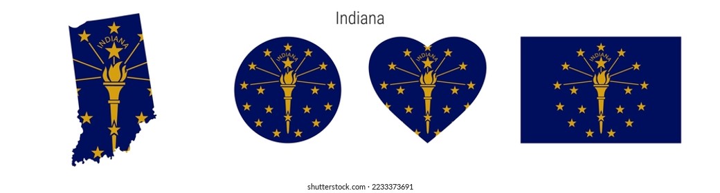 Indiana flag icon set. American state pennant in official colors and proportions. Rectangular, map-shaped, circle and heart-shaped. Flat vector illustration isolated on white.