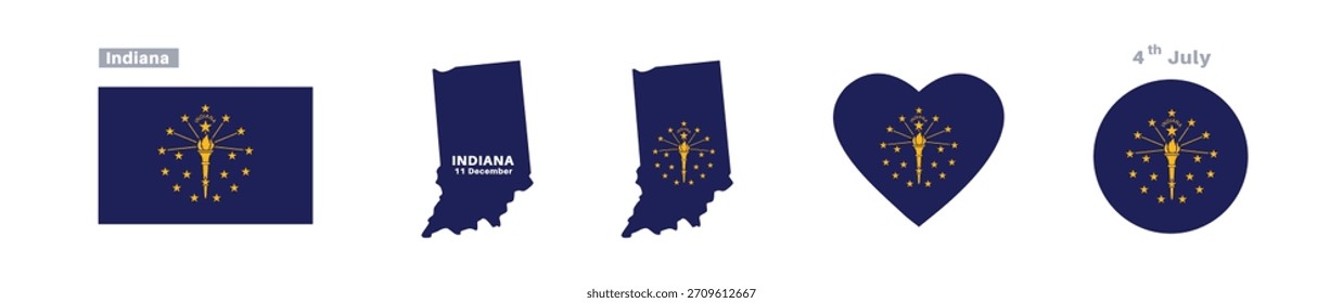 Indiana-Flagge und Kartensatz. Indiana Staatsflagge in offiziellen Farben und Proportionen. 11. Dezember Feier, Karte, Kreis und Herz von Indiana.