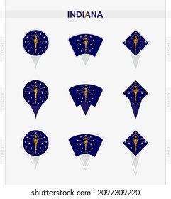 Indiana flag, set of location pin icons of Indiana flag. Vector illustration of national symbols.