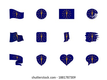 Indiana - flat collection of US states flags. Flags of twelve flat icons of various shapes. Set of vector illustrations