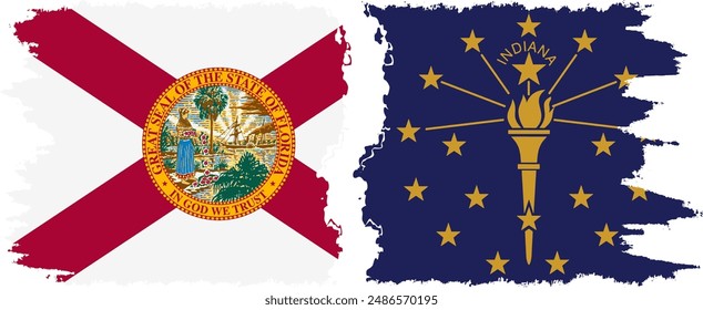 Indiana and Florida states grunge brush flags connection, vector