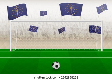 Indiana football team fans with flags of Indiana cheering on stadium, penalty kick concept in a soccer match. Sports vector illustration.