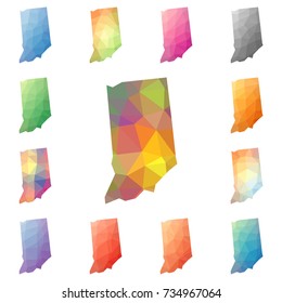 Indiana geometric polygonal, mosaic style us state maps collection. Bright abstract tessellation, low poly style, modern design. Indiana polygonal maps for your infographics or presentation.