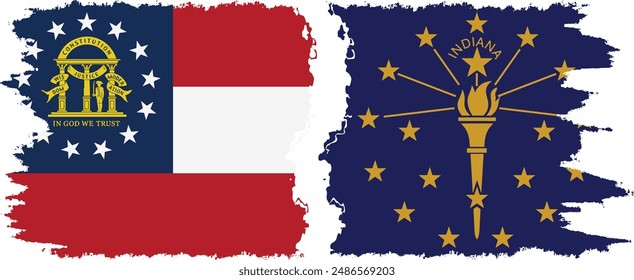 Indiana and Georgia states grunge brush flags connection, vector