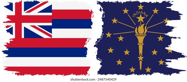 Indiana and Hawaii states grunge brush flags connection, vector