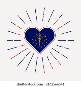 Indiana heart with flag of the US state. Sunburst around Indiana heart sign. Vector illustration.