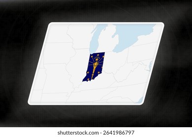 Indiana Highlighted in Flag Colors on Geographic Map. Modern Map on a dark abstract backdrop.