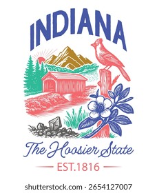 Indiana The Hoosier State - Estados Unidos Estado Cityscape T-shirt Vetor, Ícones americanos de referência, Vintage Estados Cityscape Camisa, Retro Travel City Art, Estados Citações de referência, Estado de férias Ilustração