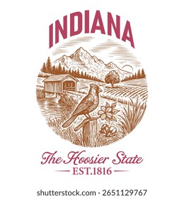 Indiana The Hoosier State - US State Vintage T-shirt Vector, USA States Cityscape Landmark Icons, American State Typography Shirt, USA Skyline Clipart, Retro travel city illustration
