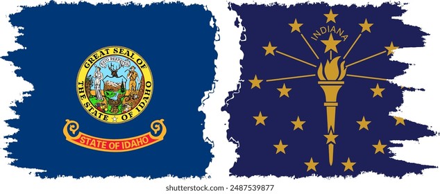 Indiana and Idaho states grunge brush flags connection, vector