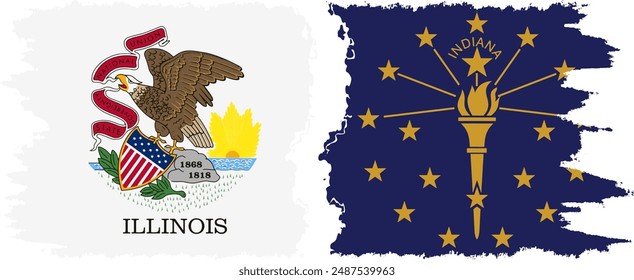 Indiana and Illinois states grunge brush flags connection, vector