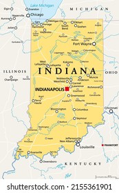 Indiana, IN, political map, with the capital Indianapolis, and most important cities, rivers and lakes. State in the Midwestern region of the United States of America, nicknamed The Hoosier State.