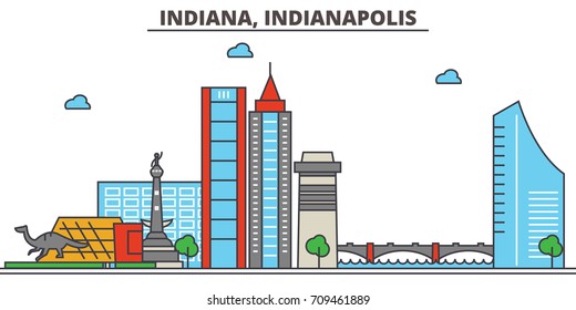 Indiana, Indianapolis.City Skyline: Architecture, Buildings, Streets, Silhouette, Landscape, Panorama, Landmarks, Icons. Editable Strokes. Flat Design Line Vector Illustration Concept.